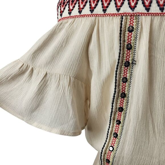 POL Medium Off-White Sheer Mini Dress Coverup Red Embroidery Elastic Tie Waist - Picture 9 of 14